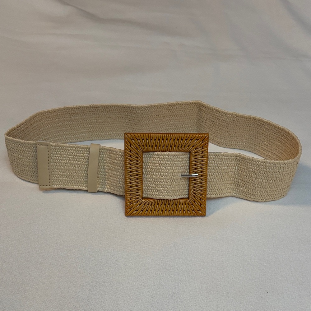 Woven Cream Wide Women’s Belt with Brown Woven Straw-Look Buckle